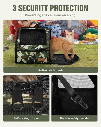 PETUX Cat Backpack Carrier for Small Cat ＆ Dog up to 12 lb - Camouflage Style, Escape-Proof, Widened Interior, 3 Side Breathable Soft Sided Dog Backpack Carrier for Travel, Hiking and Vet - Green
