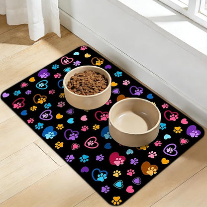 Dog Food Mat for Bowls, Absorbent Quick Dry Dog Cat Mats for Food and Water, Non-Slip Backing Pet Mat Pet Supplies - Paw Pattern