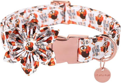 Thanksgiving Dog Collar with Flower, Turkey Cotton Flower Collar for Puppy Girl Dog or Cat, Autumn Flower Collar with Durable Metal Buckle, Thanksgiving Pet Collar, M, Neck 13.5-22in