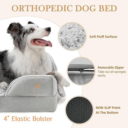 Comfort Expression Orthopedic Dog Bed for Medium Dogs 30x20 Inch, Waterproof Egg Crate Foam Medium Pet Bed with Removable Bolsters, Dog Couch with Washable Cover & Non-Slip Bottom, Grey White