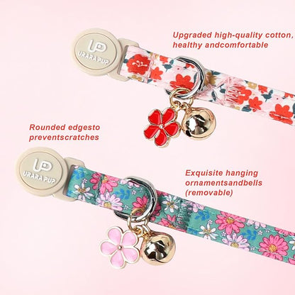 Cat Collar,2Pack Summer Cat Collars Cute Breakaway,Spring Green Leaf Flower Kitten Collar with Bell, Kitty Collars with Safety Buckle for Girl & Boy Cats