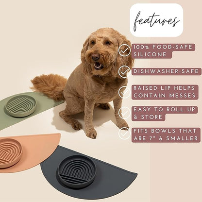 Should We Go - Waterproof Silicone Pet Food Mat - Non-Slip, Spill-Proof Feeding Mat for Floors, Raised Edge Design, Easy-to-Clean Pad for Dog & Cat Bowls, 21" Across x 10.5" Deep, Medium-Natural Sand