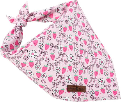 Lionet Paws Spring Strawberry Bow Dog Bandana Washable Cotton Handkerchief Scarf Triangle Pink Bandana for Small Medium Large Dogs Girl Boy