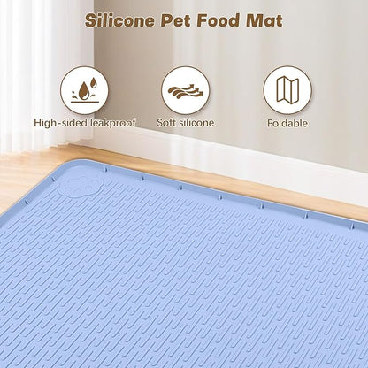 Cat Food Mat, 34" x 22" Large Silicone Pet Feeding Mat for Food and Water Bowls Non-Slip, Easy to Clean (Blue)