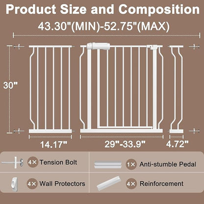 WAOWAO Baby Gate 43.3-52.75" Extra Wide Pressure Mounted Walk Through Swing Auto Close Safety White Metal Toddler Kids Child Dog Pet Puppy for Stairs,Doorways,Kitchen