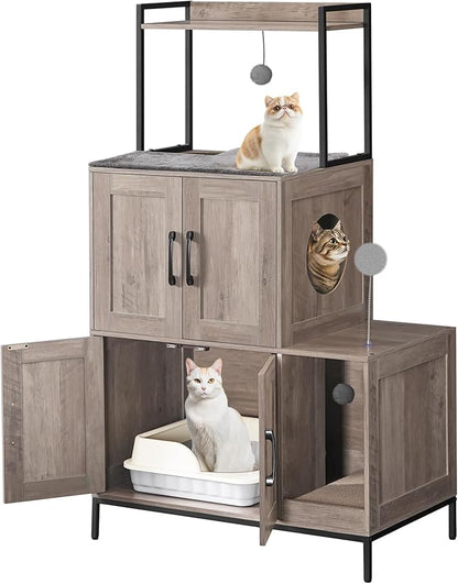 HOOBRO Cat Litter Box Enclosure Furniture, 2 in 1 Hidden Litter Box Furniture with Shelf, Double Litter Box Cabinet with 2 Dangling Plush Balls and 1 Toy Ball, Greige and Black BG78MW01