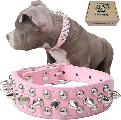TEEMERRYCA Adjustable Leather Spiked Studded Dog Collars with a Squeak Ball Gift for Small Medium Large Pets Like Cats/Pit Bull/Bulldog/Pugs/Husky, Pink, XS 8.3-10.6 inches