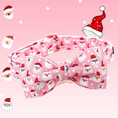Dog Collar, Christmas Pink Santa Claus Cotton Pet Collar Bow Holiday Girl Boy Cute Puppy Collar Adjustable Pet Collar for Medium Dogs