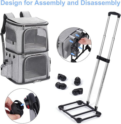 Double-Compartment Pet Carrier Backpack with Wheels for Small Cats and Dogs, Cat Rolling Carrier for 2 Cats, Perfect for Traveling/Taking a Walk/Trips to The Vet, Grey