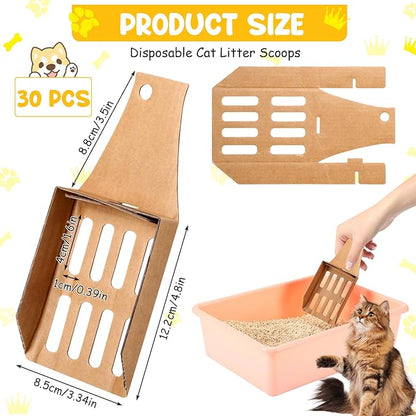 30 Pcs Disposable Cat Litter Scoops 8.3x3.3 Inch Portable Kitty Litter Scooper with Holder Shovel Cardboard Plastic Free Litter Scoop with Holes for Travel Cat Litter Box