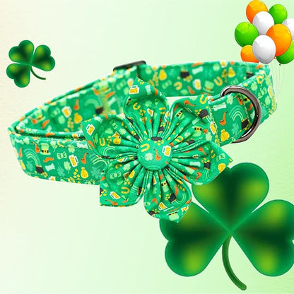 Lionheart glory St. Patrick's Day Dog Collar with Flower Dog Collars for Medium Dogs, Heavy Duty Green Collars Bows Lucky Clover Shamrock Pet Collar Flower Puppy