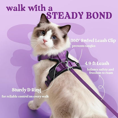 rabbitgoo Cat Harness and Leash for Walking, Escape Proof Soft Adjustable Vest Harnesses for Cats, Easy Control Breathable Reflective Strips Jacket, Purple, M