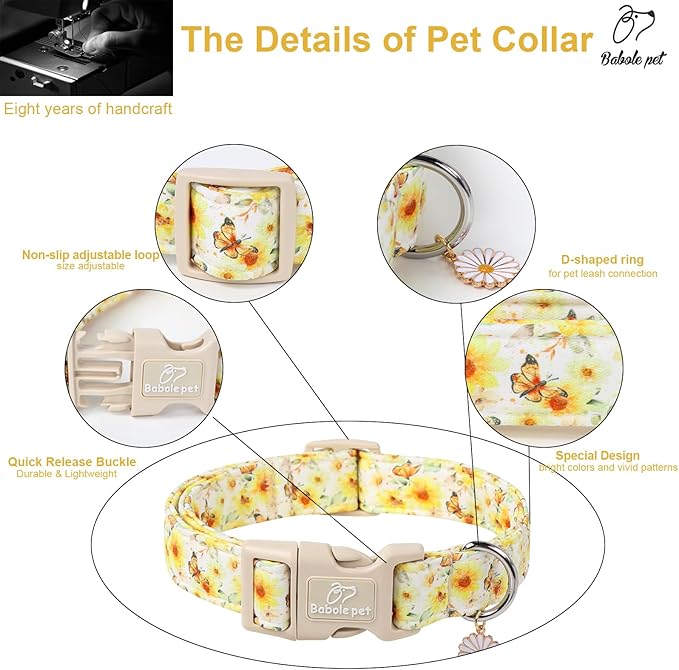 Adjustable Floral Dog Collar, Yellow Sunflower&Butterfly Dog Collars for Giant Large Dogs, Lightweight Quick-Release Buckle Collar for Boy&Girl Dogs XL