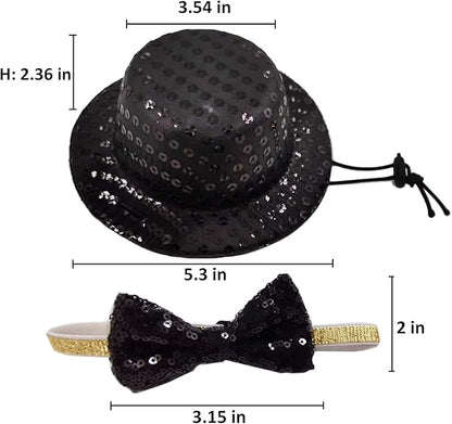 Christmas Pet Party Jazz Hat and Blingbling Bow Tie Breakaway Collar Set, Adjustable Headband for Kitten Puppy Small Dogs Cats (02 Black)