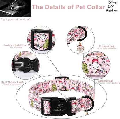 Christmas Dog Collar for Small Dogs - Cute Santa Print Pink Christmas Collars for Dogs, Soft Adjustable Winter Holiday Dog Collars with Quick Release Buckle S