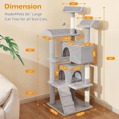 56-Inch Multi-Level Cat Tree Tower for Indoor Cats with 2 Condos, Scratching Posts & Hanging Toys – Large Cat Activity Center Furniture, Light Gray