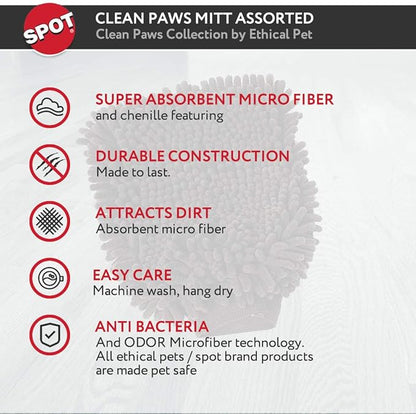 SPOT Clean Paws Chenille Microfiber Dog Towel Mitt - Super Absorbent, Quick-Drying, Washable, Double-Sided Glove for Wet Paws & Body, Durable, Odor-Free, Gently Massages & Dries, 9.5in x 7in