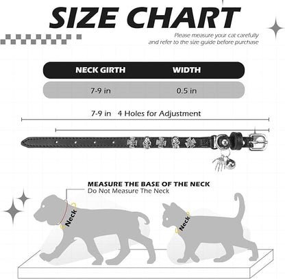 EXPAWLORER Leather Cat Collar for Girl Boy- Adjustable Pet Collar with Safety Elastic Belt,Personalized Punk Accessories Buckle Collars with Bell & Durable D-Ring, Skull(Black)