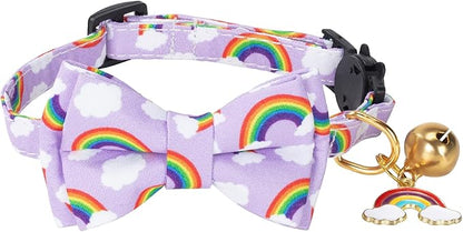 Breakaway Cat Collar with Cute Bow Tie Bell 2Pack Rainbow Butterfly Pattern for Male Female Soft Cotton Kitty Kitten Collar Cute Summer Collars Ideal for Girl Cats Boy Male Cats