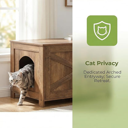 Homhedy Cat Litter Box Enclosure, Wooden Cat Washroom Furniture with Barn Door, Pet House, Fit Most of Litter Box, Rustic Walnut