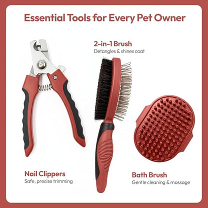 PW Pet Grooming Tools for Dogs & Cats- Safe On Skin Easy To Use Dog Grooming Kit with Ergonomic, Non-Slip Handle– Includes Pet Nail Clippers, 2-in-1 Slicker Brush & Hand-Held Bath Brush- Paw Mountain