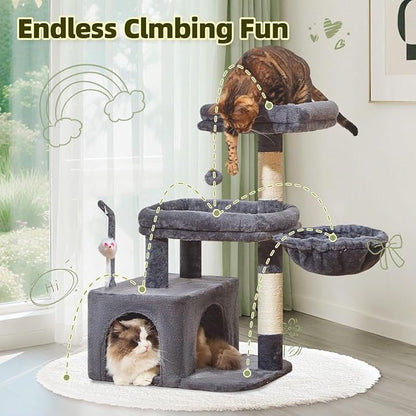 Taoqimiao MS043G Cat Tree, 32.2-Inch Cat Tower for Indoors Cats, Cat Condo with Large Cat Perch, Spacious Cat Cave, Scratching Posts for Small and Medium Cats, Smoky Gray