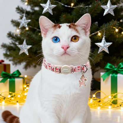 Unique style paws 2 Pack Christmas Kitten Collar Breakaway with Bell&Pendant, Adjustable Safety Elk Christmas Cat Cotton Collar for Girl Boy Cat and Small Pet