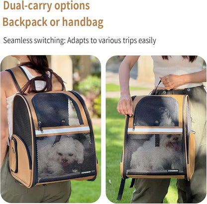 Cat Backpack Carrier for Small Dogs and Medium cat Puppy Kitten Bunny Pet Carrier Backpack Collapsible with Fully Ventilated Mesh with Safety Leash (Brown, 12.9" L x 10.62" W x 15.5" H - M)