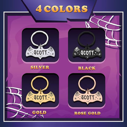 Bat Dog Tag, Halloween Personalized Dog Tags for Pets, Customized Pet ID Tag for Black Cat, Witch Friendly Cat Tags, Funny Spooky Dog Name Tag, Stainless Steel Dog ID Tag Engraved on Both Sides
