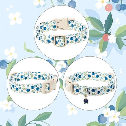 Spring/Summer Dog Collar for Medium Dogs - Fresh Blueberry Girl Boy Dog Collars, Soft Lightweight Puppy Collar, Breathable Adjustable Male Female Fruit Floral Dogs Collars M