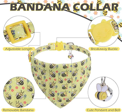 EXPAWLORER Spring Cat Collar Breakaway with Bells - 2 Pack Cute Flower Pet Collar with Removable Bow Tie and Bandana, Adjustable Safety Buckle with Bee Pendants for Girl Boy Cats Kitten