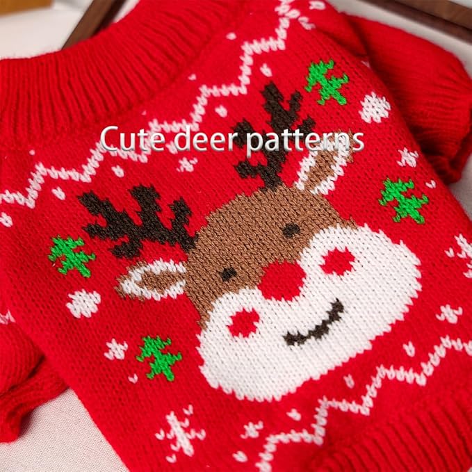 Christmas Dog Outfit Red Puppy Sweater for Small Dogs Girl Boy Elk Snowflake Cat Knitwear Reindeer Knitted Pet Clothes Santa Deer Costume for Chihuahua Yorkie Poodle (Red-2, X-Small)