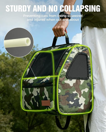 PETUX Cat Backpack Carrier for Small Cat ＆ Dog up to 12 lb - Camouflage Style, Escape-Proof, Widened Interior, 3 Side Breathable Soft Sided Dog Backpack Carrier for Travel, Hiking and Vet - Green