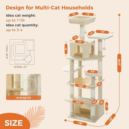 Cat Tree for Indoor Cats, 64.5" Tall Cat Tower with 2 Cozy Condos, Scratching Posts, Large Hammock and Dual Padded Perches, Multi-Level Activity Center for Large Cats, Beige