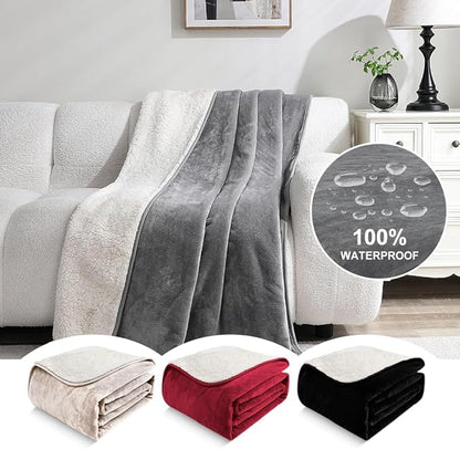 Waterproof Blanket for Beds – Ideal for Couch & Pets Splash Proof Sherpa Throw, Leakproof TPU Layer, Stain Resistant Washable Bed Protector – LightGray, 90"x 80"