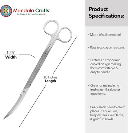 Mandala Crafts 10 Inches Silver Stainless Steel Curved Aquarium Scissors for Trimming Aquatic Plants – Bent Aquascape Scissors for Fish Tanks, Hospital Tanks, Goldfish Bowls, and Terrariums