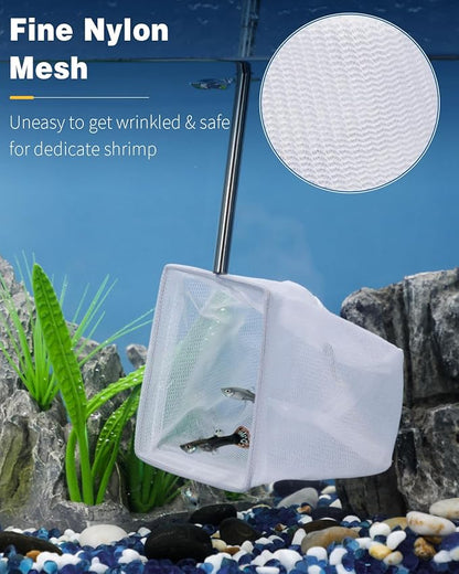 Pawfly 3 Inch Tiny Fish Tank Net, Aquarium Shrimp Net with Extendable Stainless Steel Handle for Shrimp Baby, Food Residue Debris, Soft Square Fine Mesh for Fish Tanks & Small Ponds