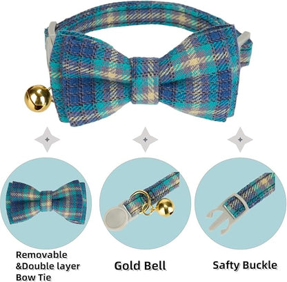 2 Pack Cotton Cat Collar, Removable Bowtie, Plaid Pattern, Safety Breakaway Clasp, Adjustable for Cats.(Adult Cat, Blue and Brown)