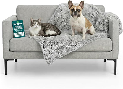 Furhaven Waterproof Throw Blanket for Dogs & Indoor Cats, Washable - Shaggy Plush Calming Long Faux Fur & Velvet Dog Blanket - Mist Gray, Medium