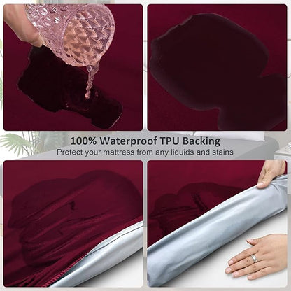 Waterproof Mattress Protector Queen, Fitted Sheet Style Breathable Mattress Cover with Deep Pocket Fits Up to 18'', Noiseless Bed Cover for Kids Adults Pets, Machine Washable (WineRed, 60'' X 80'')