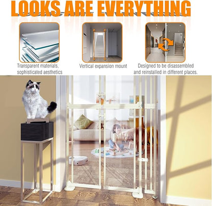 74-98" Extra Tall Cat Gate,Fits 33.85-42" Wide Opening,No Drilling Pressure Mount Design,Innovation Transparent Double Opening Pet Gate,Double Doors for Doorways/Stairs/Kitchen/Home, White
