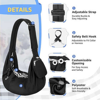 SlowTon Dog Carrier Sling - Thick Padded Shoulder Strap Adjustable Dog Carriers for Small Dogs, Puppy Carrier Purse for Pet Cat with Front Zipper Pocket Safety Belt Machine Washable (Black Knitted, S)