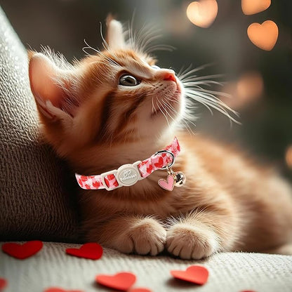 2 Pack Valentines Cat Collars - Valentine Breakaway Cat Collar with Bell, Pink and Red Heart Pendant, Adjustable Kitten Collars for Girl Boy Cats, Cute Red Hearts