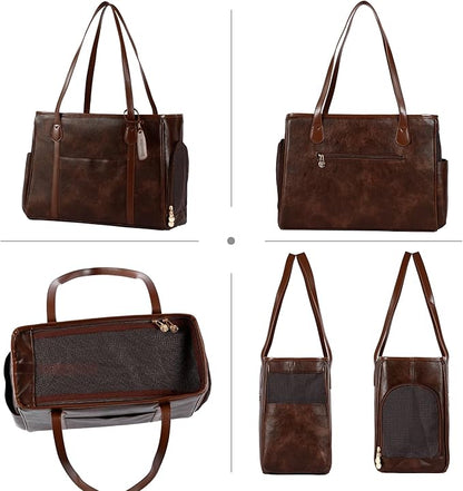 Stylish Dog Purse Carrier, Leather Pet Carrier Bag for Small Dogs Cats Puppy, Airline Approved Soft-Sided Carrier Coffee
