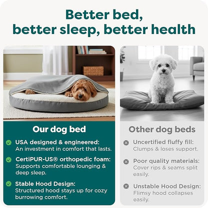 FurHaven Round Orthopedic Dog Bed for Large Dogs, Egg Crate with a Solid Orthopedic Foam Base with Attached Blanket Hood and Removable Washable Cover, Large, Sherpa & Suede Snuggery, Gray