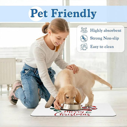 Dog Christmas Dog Food Mat–Christmas Stocking Absorbent Quick Dry Feeding Placemat for Food and Water Bowls, Non Slip Rubber Backing, Waterproof Pet Supplies for Mess-Free Eating 12"x20"