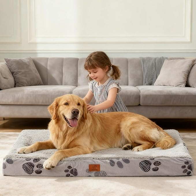 Waterproof Orthopedic Dog Bed for Large Medium Sized Dogs 35x22 Inch - Egg Crate Foam Pet Crate Bed with Removable Washable Cover, Plush Top Anti-Slip Bed Mat, Christmas Red