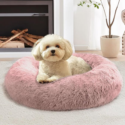 JOLLYVOGUE Calming Small Dog & Cat Bed for Indoor Cats - 20 inches Washable Donut Bed for Kittens & Puppies, Anti-Anxiety Round Fluffy Plush Pet Beds (Fits up to 15 lbs, Dark Pink)