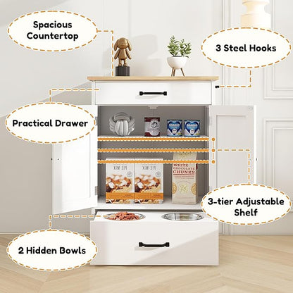Dog Feeding Station with 2 Elevated Dog Bowls, Food Storage with Adjustable Shelf and Sliding Drawer, Hidden Pet Feeder Station for Cats and Dogs, White