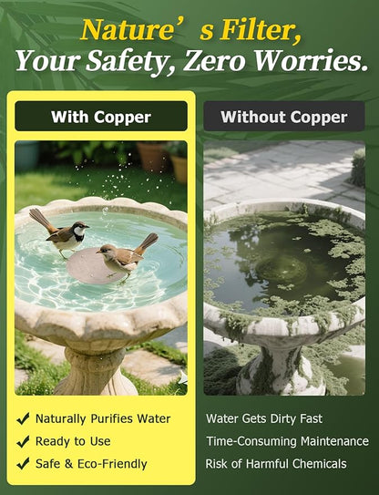 Mellbree 2-Pack Bird Bath Copper Disk, 0.6mm Reinforced 99.99% Pure Copper Cleaning Disk with Triple-Point Support for Physical Safe Clean Water, Universal Fit for Outdoor Birdbaths, Bowl (Flower)